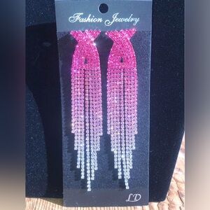 Pink Crystal Rhinestone Curtain Dangle Earrings Pierced NEW Glitz Glam Prom